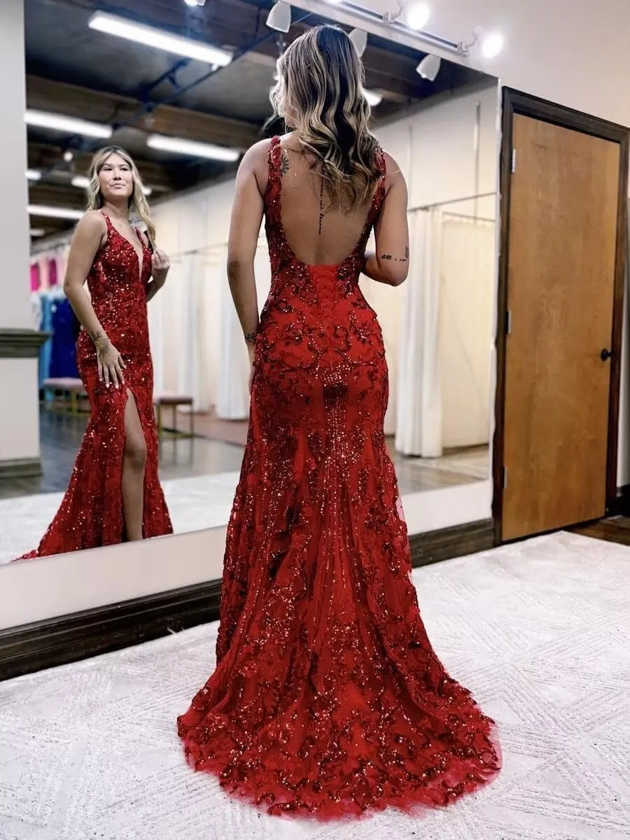 SoDigne Womens Sparkly Sequin Long Prom Dresses Maxi Lace Applique V Neck Mermaid Formal Evening Gowns with Slit