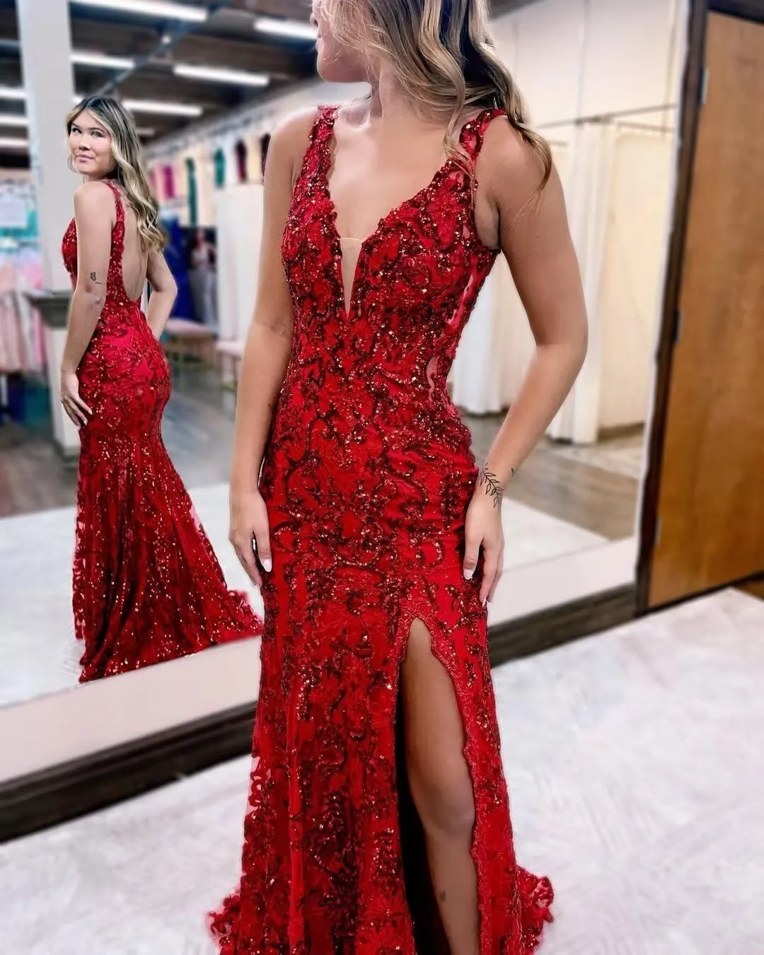 SoDigne Womens Sparkly Sequin Long Prom Dresses Maxi Lace Applique V Neck Mermaid Formal Evening Gowns with Slit