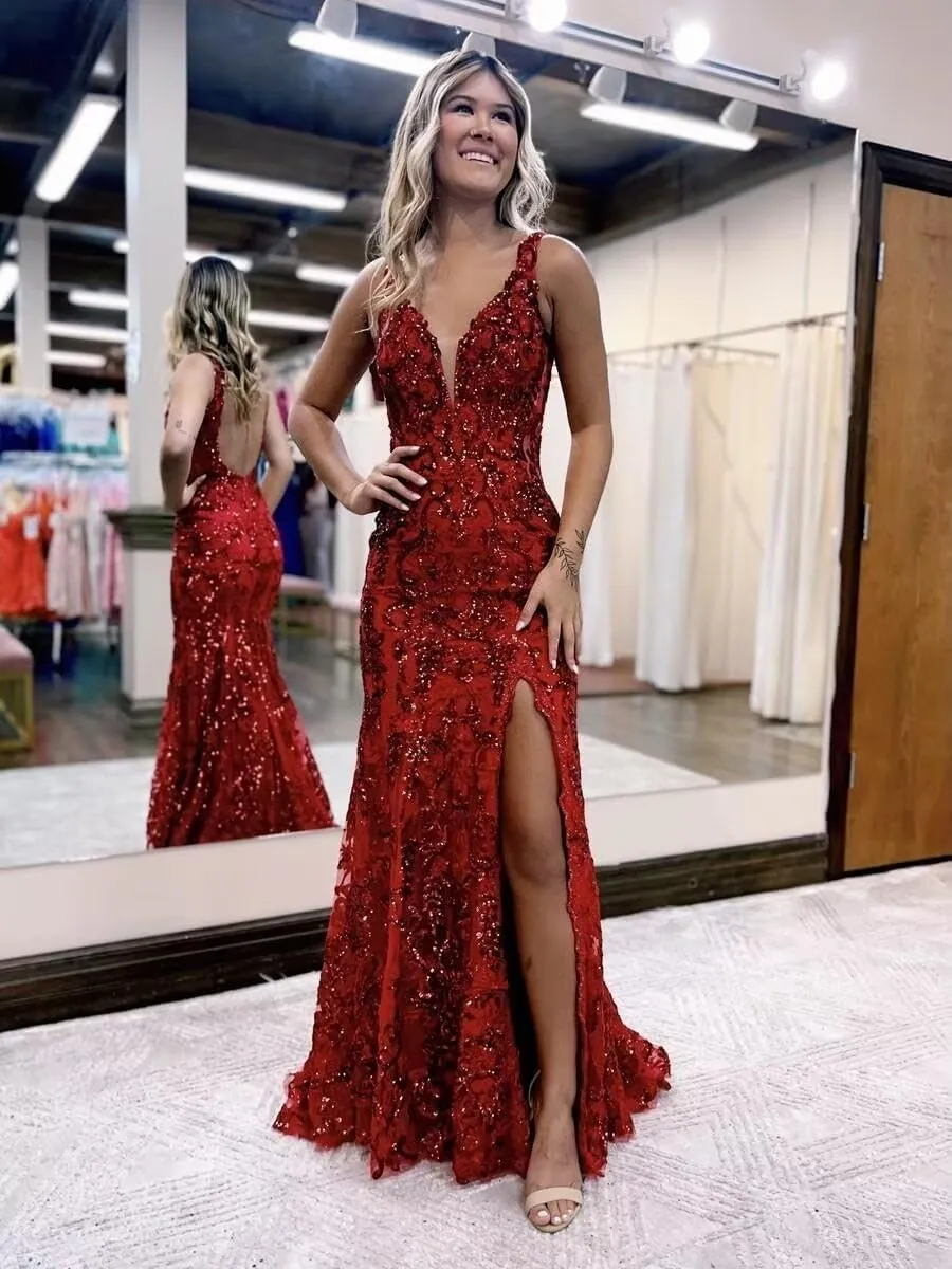 SoDigne Womens Sparkly Sequin Long Prom Dresses Maxi Lace Applique V Neck Mermaid Formal Evening Gowns with Slit