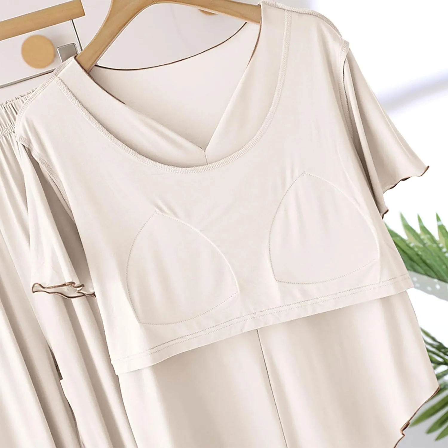 Soft Modal Pajamas for Women Bulit-in-Bra Loose Short Sleeve Sleepwear Summer Comfy Long Pants Pjs Loungewear Sets