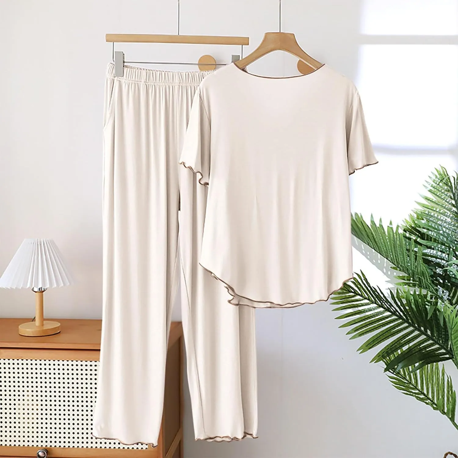 Soft Modal Pajamas for Women Bulit-in-Bra Loose Short Sleeve Sleepwear Summer Comfy Long Pants Pjs Loungewear Sets