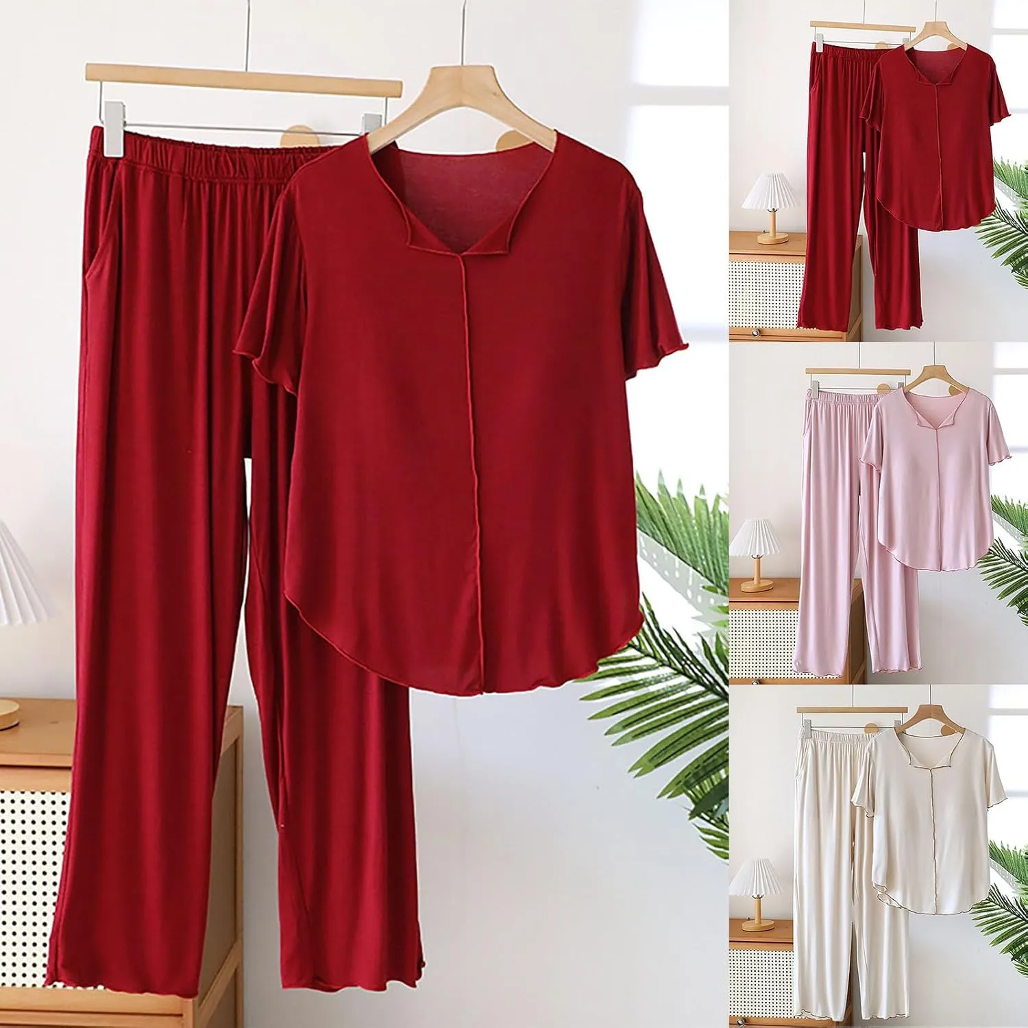 Soft Modal Pajamas for Women Bulit-in-Bra Loose Short Sleeve Sleepwear Summer Comfy Long Pants Pjs Loungewear Sets