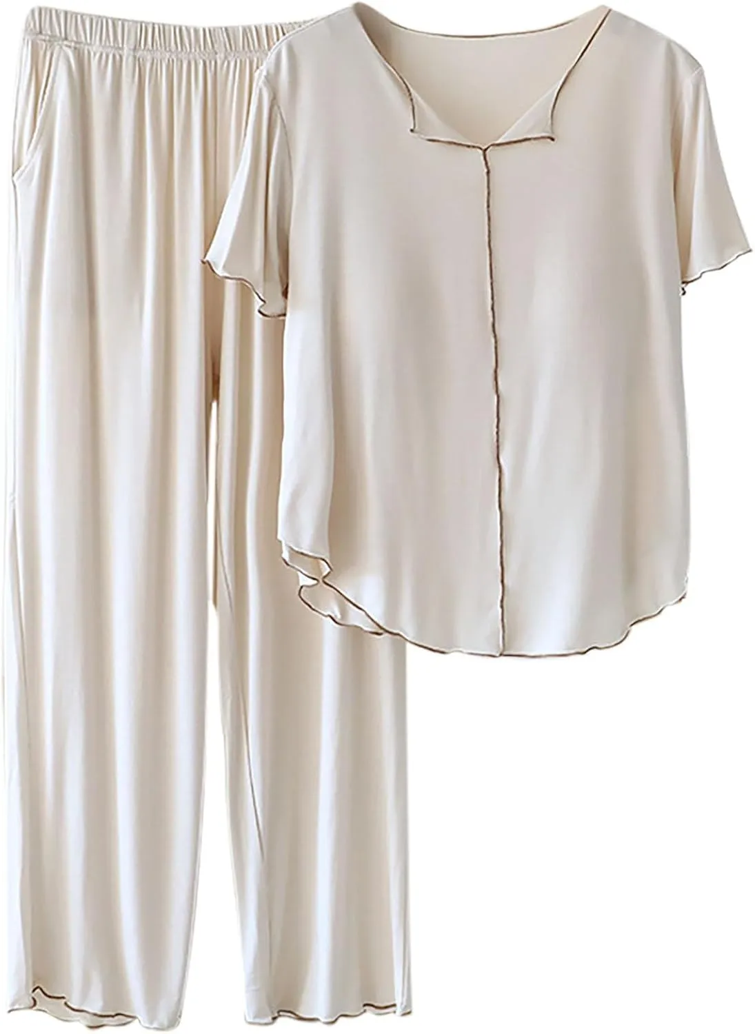 Soft Modal Pajamas for Women Bulit-in-Bra Loose Short Sleeve Sleepwear Summer Comfy Long Pants Pjs Loungewear Sets