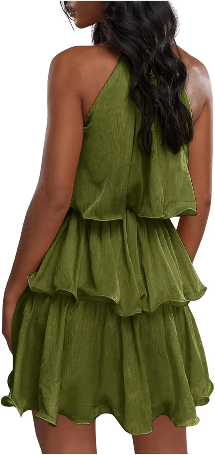 SOLY HUX Women's Summer Halter Dresses Sleeveless Ruffle Tiered Layered A Line Flowy Mini Dress