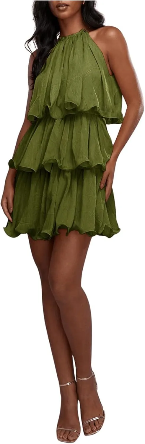 SOLY HUX Women's Summer Halter Dresses Sleeveless Ruffle Tiered Layered A Line Flowy Mini Dress