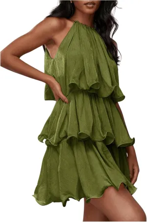 SOLY HUX Women's Summer Halter Dresses Sleeveless Ruffle Tiered Layered A Line Flowy Mini Dress