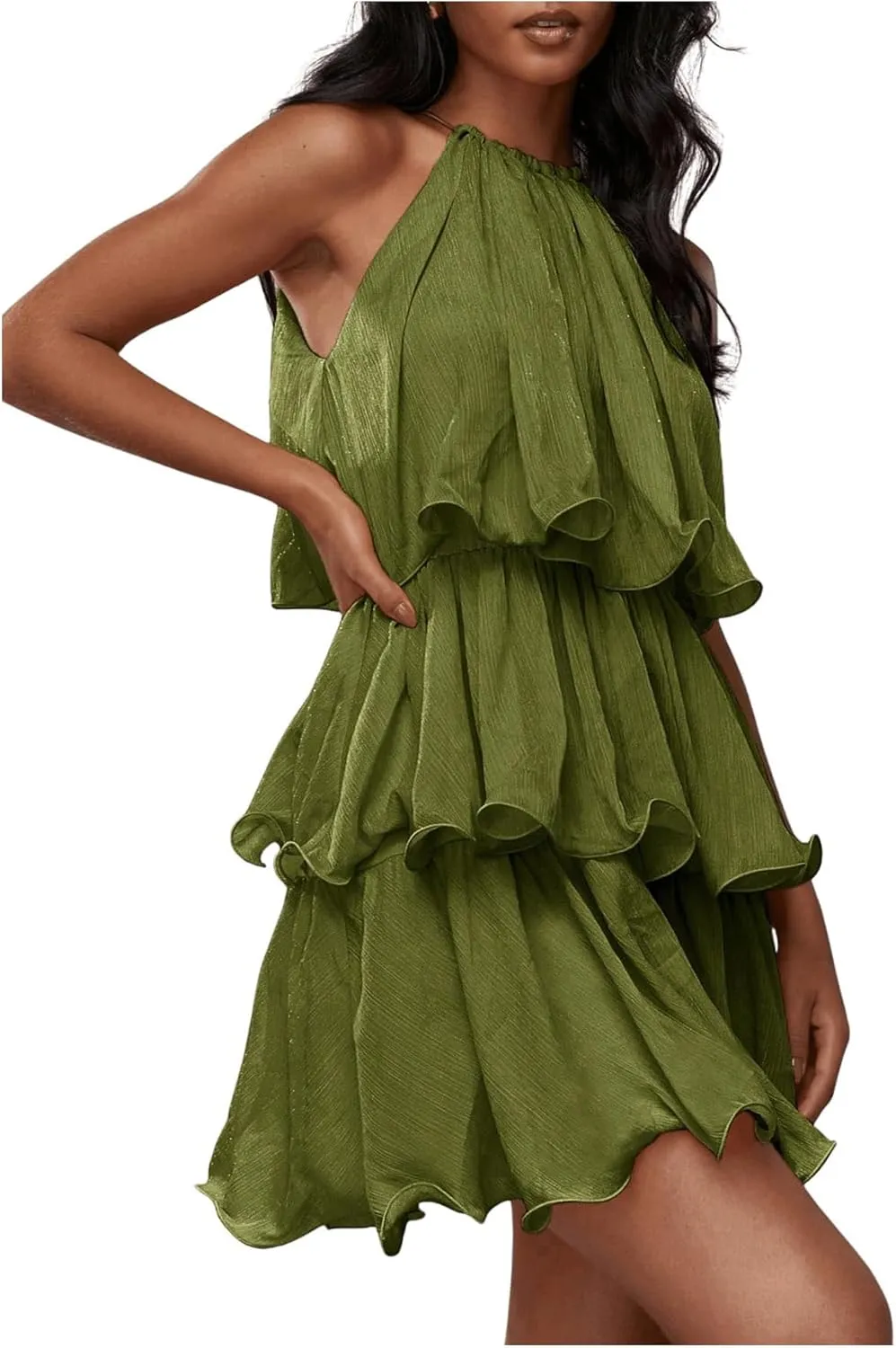 SOLY HUX Women's Summer Halter Dresses Sleeveless Ruffle Tiered Layered A Line Flowy Mini Dress