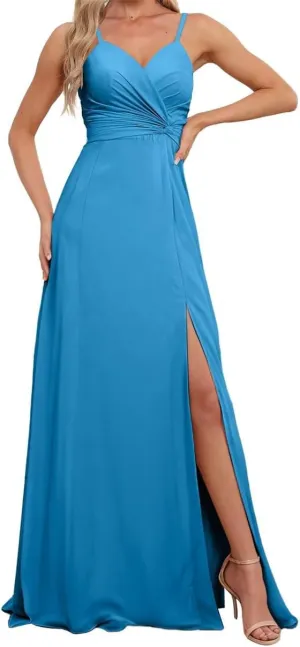 Spaghetti Straps Bridesmaid Dresses for Wedding Chiffon Formal Evening Party Prom Maxi Gown with Slit AN366