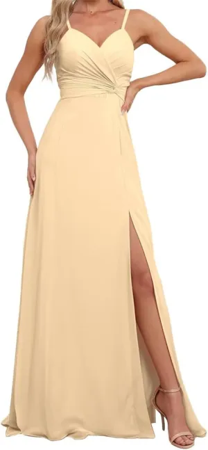 Spaghetti Straps Bridesmaid Dresses for Wedding Chiffon Formal Evening Party Prom Maxi Gown with Slit AN366