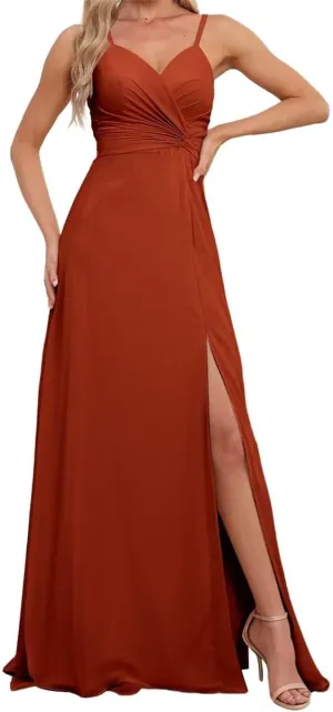 Spaghetti Straps Bridesmaid Dresses for Wedding Chiffon Formal Evening Party Prom Maxi Gown with Slit AN366