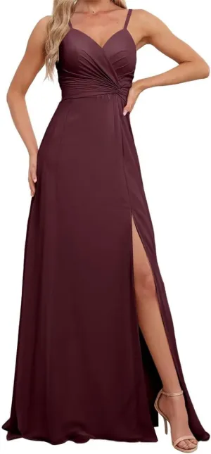 Spaghetti Straps Bridesmaid Dresses for Wedding Chiffon Formal Evening Party Prom Maxi Gown with Slit AN366