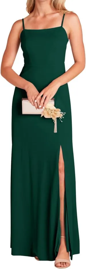Spaghetti Straps Bridesmaid Dresses for Wedding Chiffon Formal Evening Party Prom Maxi Gown with Slit Bow AN336