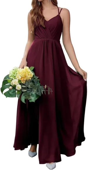 Spaghetti Straps Bridesmaid Dresses for Wedding Chiffon V Neck Formal Evening Party Prom Maxi Gown with Slit AN365