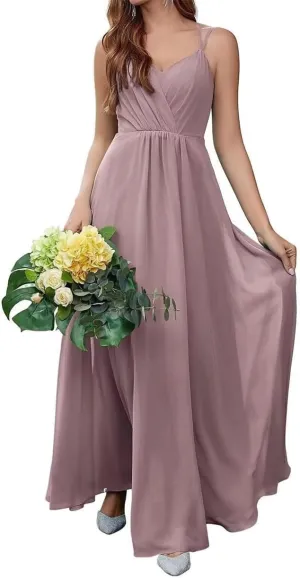 Spaghetti Straps Bridesmaid Dresses for Wedding Chiffon V Neck Formal Evening Party Prom Maxi Gown with Slit AN365