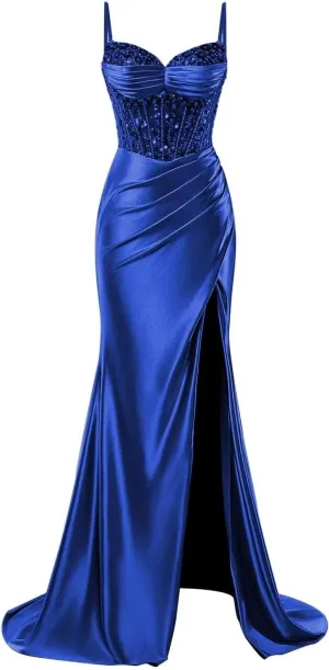 Spaghetti Straps Satin Prom Dresses with Slit 2025 Long Mermaid Corset Beaded Sequin V-Neck Ruched Evening Gowns