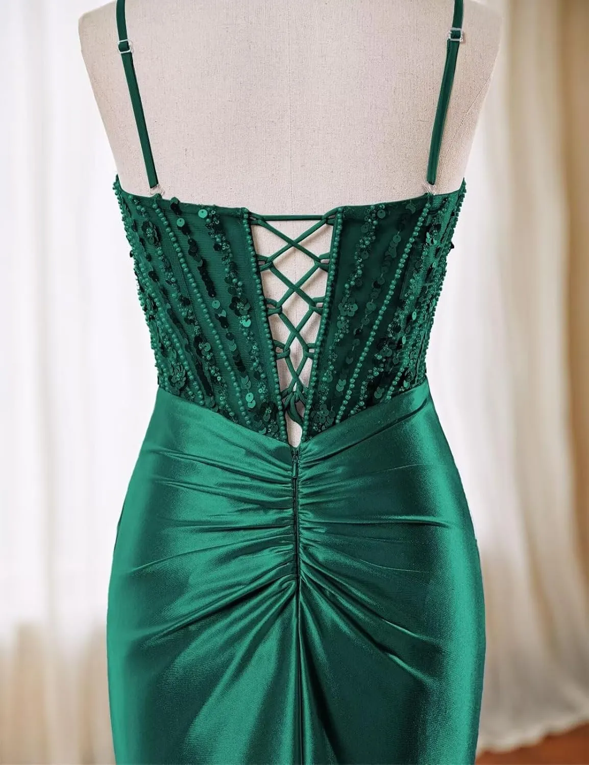 Spaghetti Straps Satin Prom Dresses with Slit 2025 Long Mermaid Corset Beaded Sequin V-Neck Ruched Evening Gowns