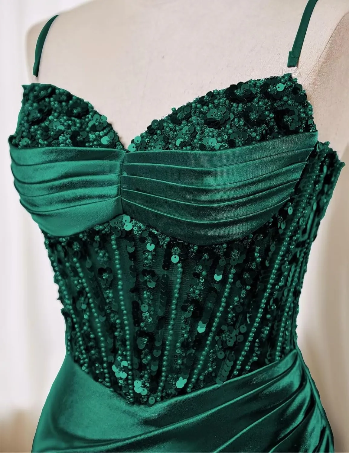 Spaghetti Straps Satin Prom Dresses with Slit 2025 Long Mermaid Corset Beaded Sequin V-Neck Ruched Evening Gowns