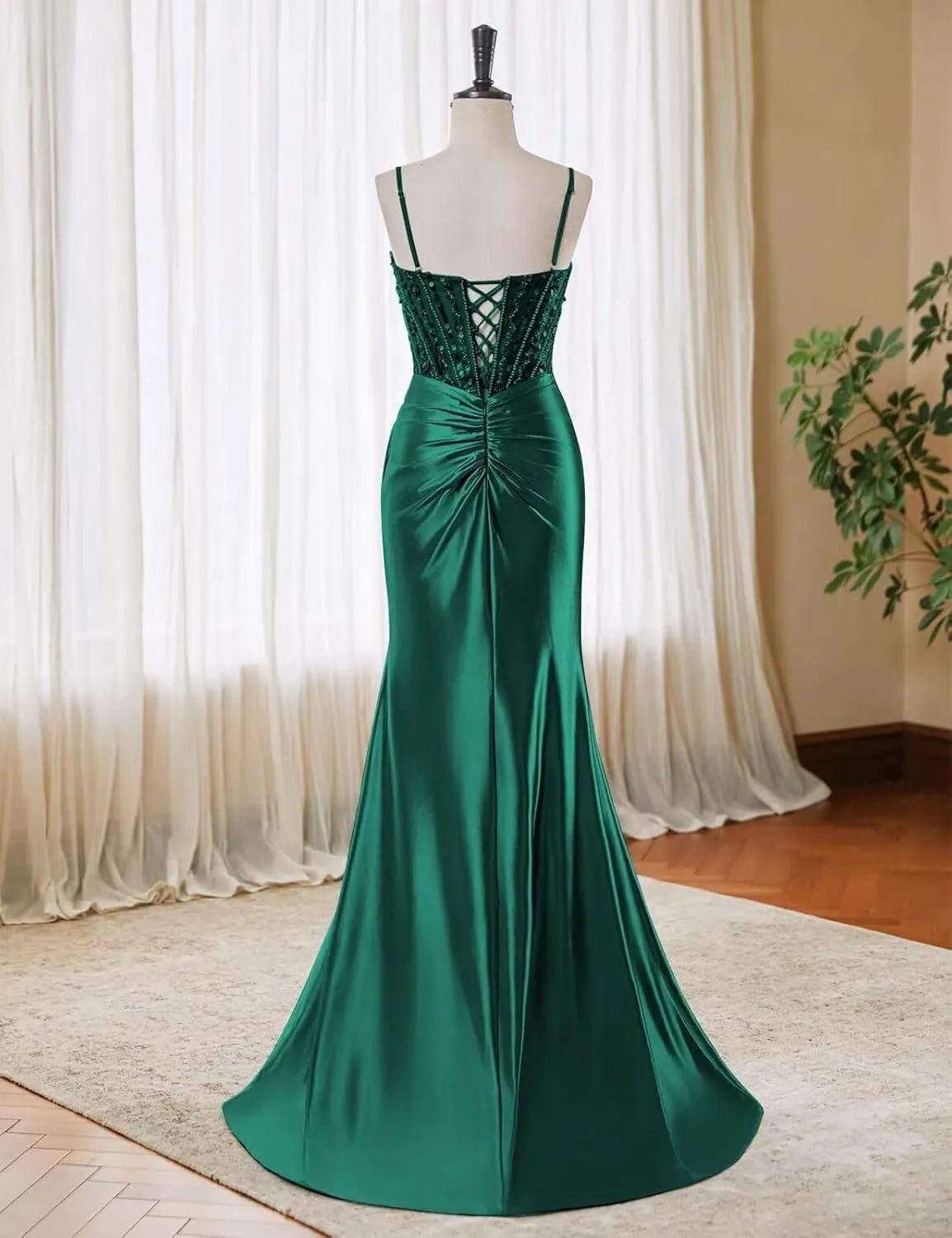 Spaghetti Straps Satin Prom Dresses with Slit 2025 Long Mermaid Corset Beaded Sequin V-Neck Ruched Evening Gowns