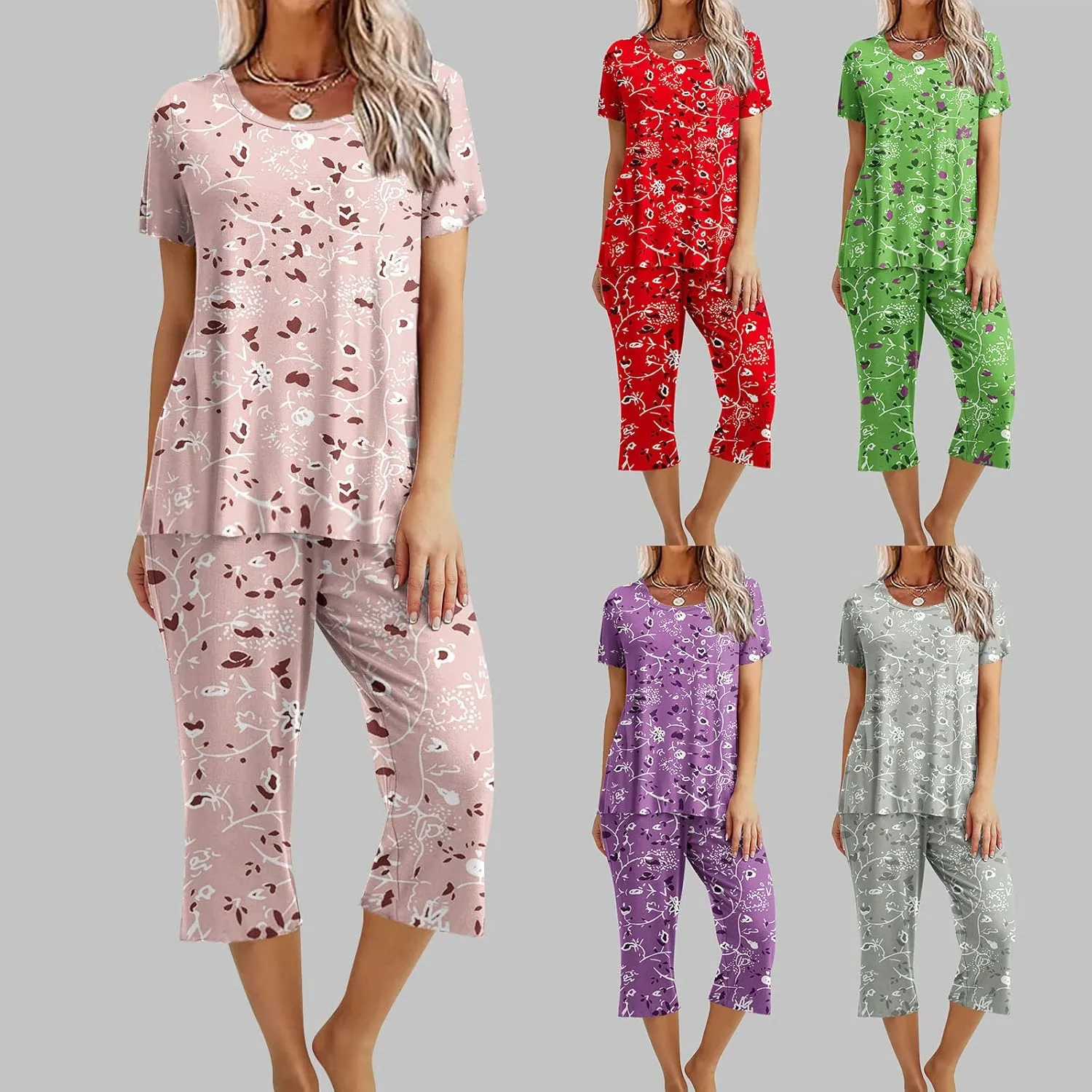 Summer Capris Pajamas for Women Floral Print Short Sleeve Sleepwear Top and Capri Pants 2 Piece Loungewear Sets with Pockets