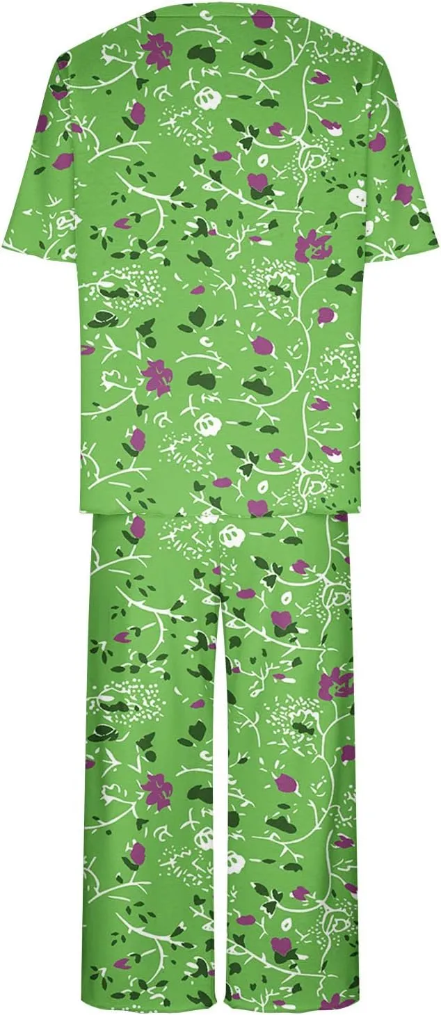 Summer Capris Pajamas for Women Floral Print Short Sleeve Sleepwear Top and Capri Pants 2 Piece Loungewear Sets with Pockets