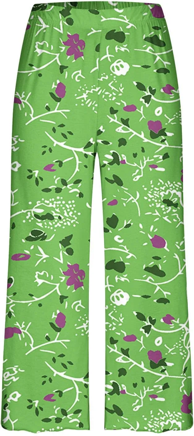 Summer Capris Pajamas for Women Floral Print Short Sleeve Sleepwear Top and Capri Pants 2 Piece Loungewear Sets with Pockets