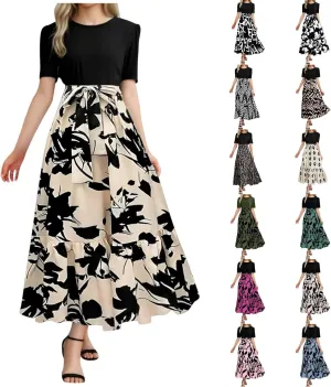 Summer Dresses for Women 2025 Floral Boho Wrap Short Sleeve Maxi Dress Patchwork Ruffle Hem A Line Vacation Dresses