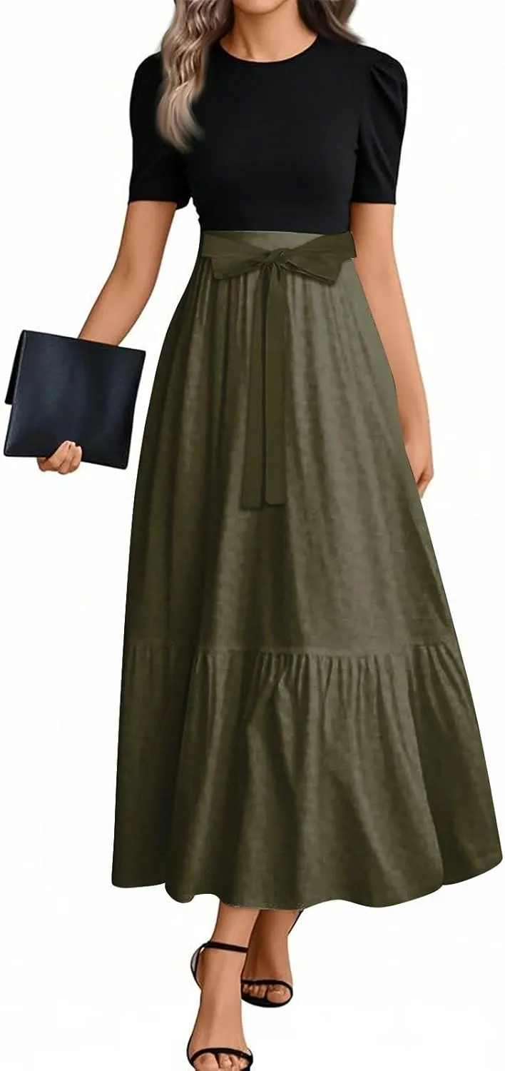 Summer Dresses for Women 2025 Floral Print Wrap Short Sleeve Maxi Dress Patchwork Ruffle Hem A Line Dress