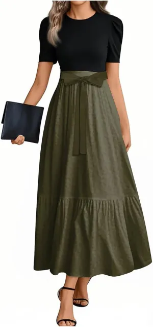 Summer Dresses for Women 2025 Floral Print Wrap Short Sleeve Maxi Dress Patchwork Ruffle Hem A Line Dress