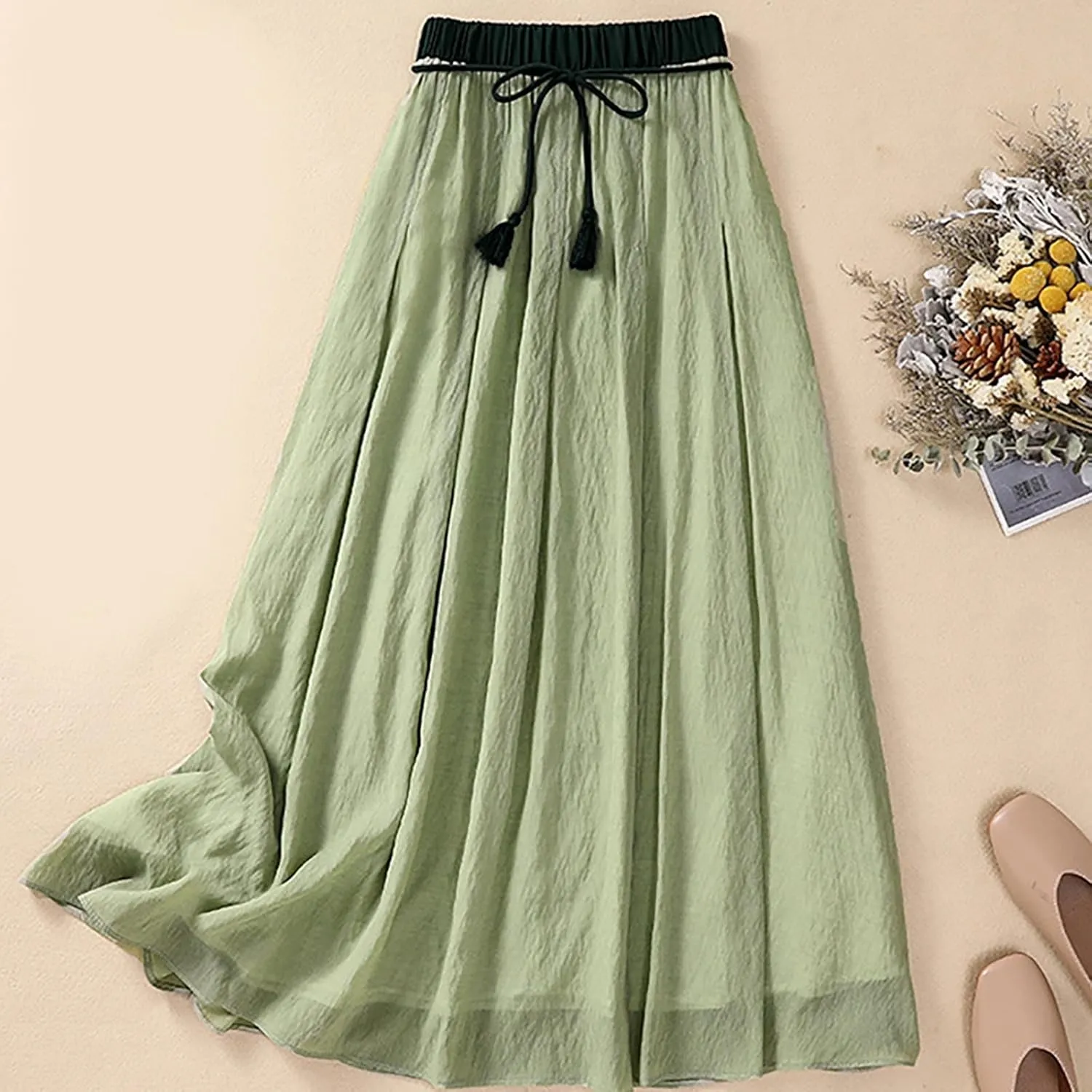 Summer Skirts for Women Drawstring Cinch Waisted Skirt Trending Cotton Linen Baggy Plus Size Skirts A Line Skirt