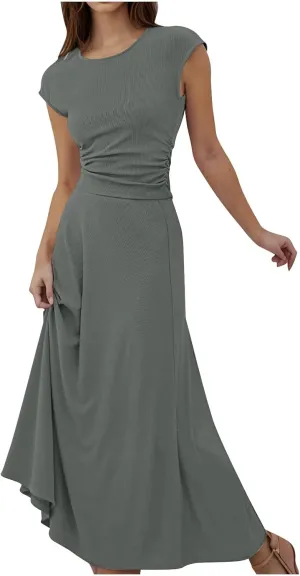 Summer Two Piece Sets For Women Short Sleeve Cropped Tops And Pleated Midi Skirt Lounge Sets Solid Travel Lounge Sets