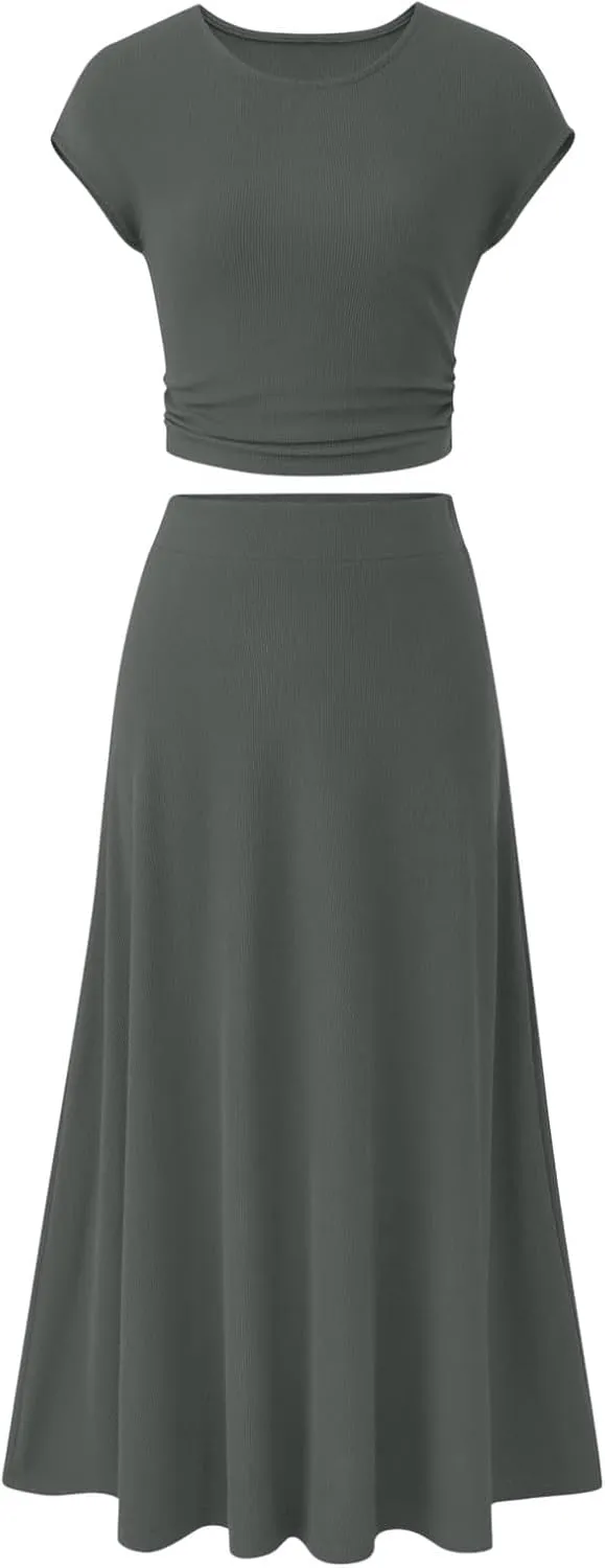 Summer Two Piece Sets For Women Short Sleeve Cropped Tops And Pleated Midi Skirt Lounge Sets Solid Travel Lounge Sets
