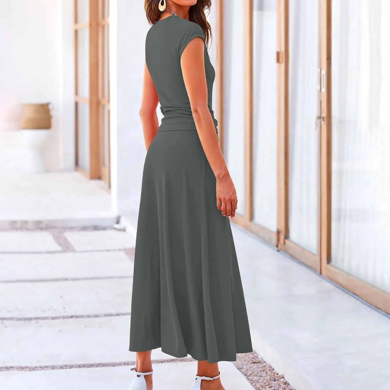 Summer Two Piece Sets For Women Short Sleeve Cropped Tops And Pleated Midi Skirt Lounge Sets Solid Travel Lounge Sets