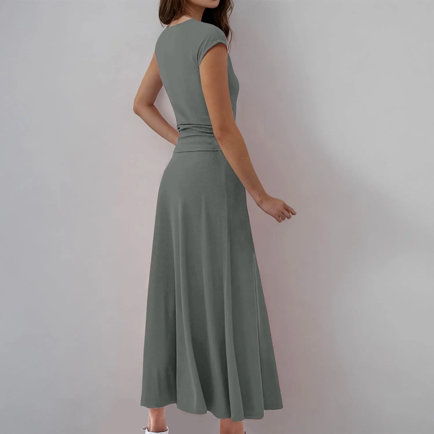 Summer Two Piece Sets For Women Short Sleeve Cropped Tops And Pleated Midi Skirt Lounge Sets Solid Travel Lounge Sets