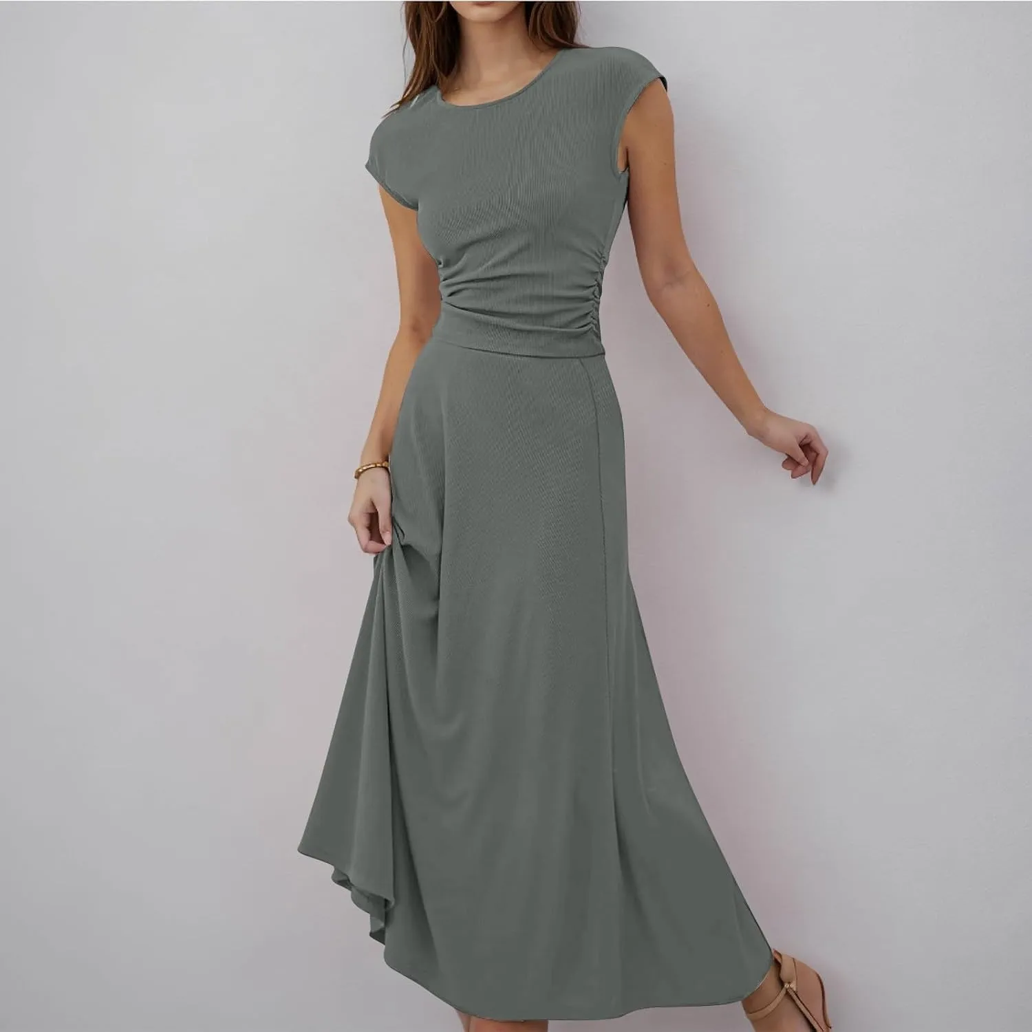 Summer Two Piece Sets For Women Short Sleeve Cropped Tops And Pleated Midi Skirt Lounge Sets Solid Travel Lounge Sets