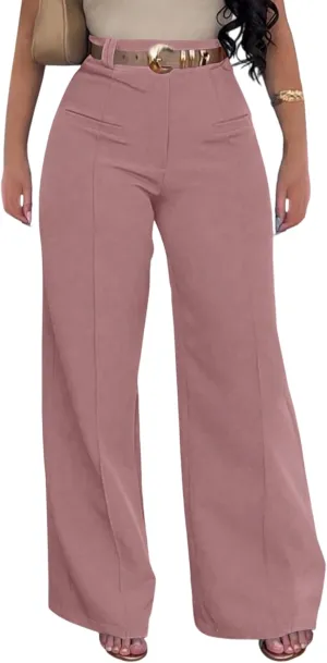 Tcremisa Women's Dressy Wide Leg Long Palazzo Pants Casual Straight Legs Loose High Waist Trousers(No Belt)