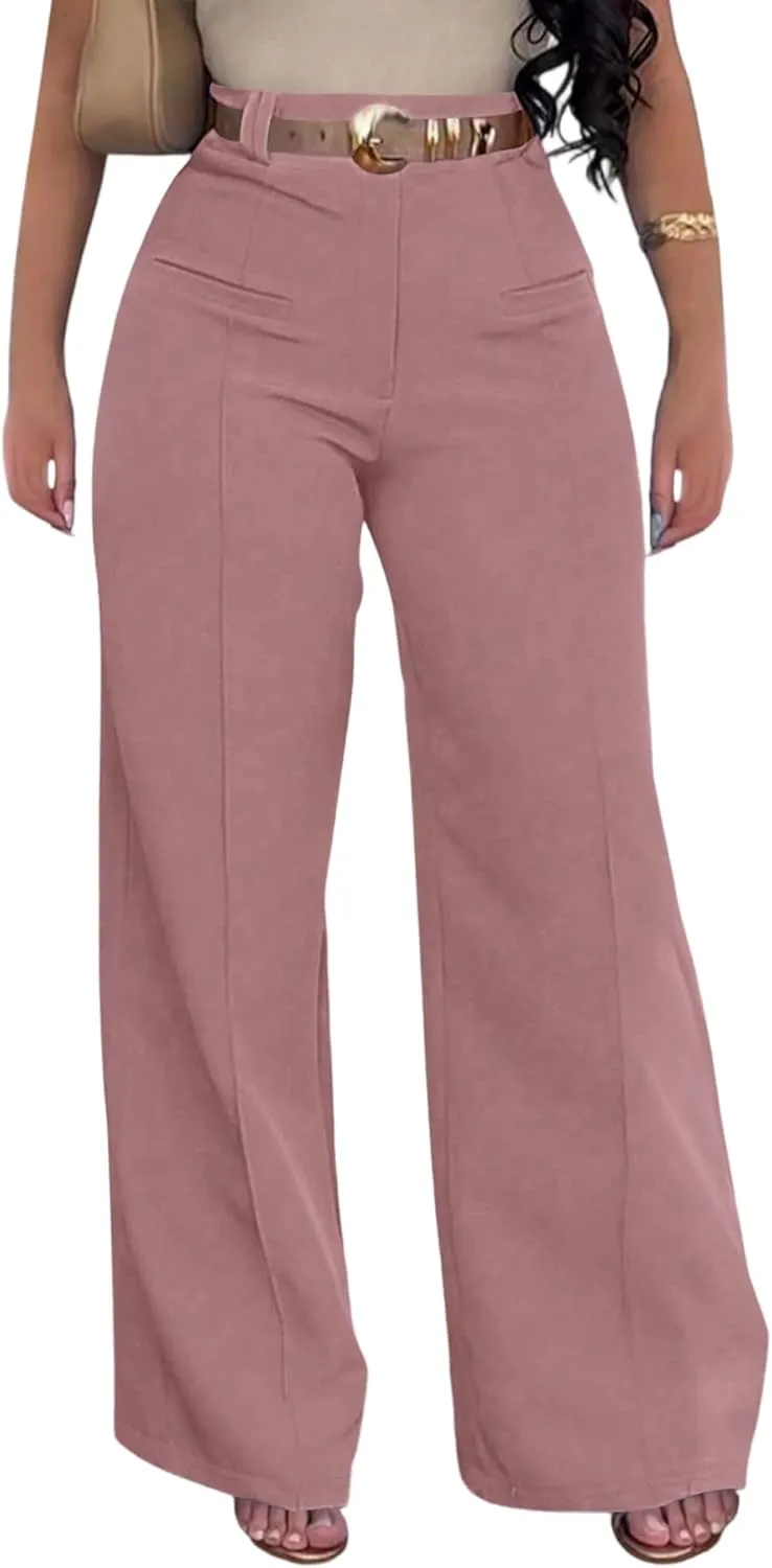 Tcremisa Women's Dressy Wide Leg Long Palazzo Pants Casual Straight Legs Loose High Waist Trousers(No Belt)