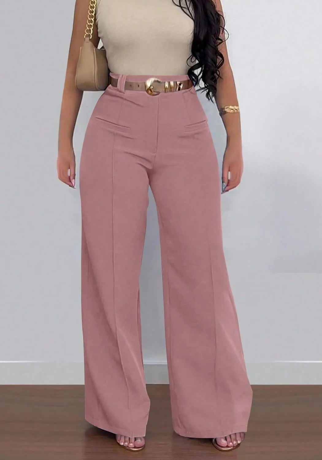 Tcremisa Women's Dressy Wide Leg Long Palazzo Pants Casual Straight Legs Loose High Waist Trousers(No Belt)