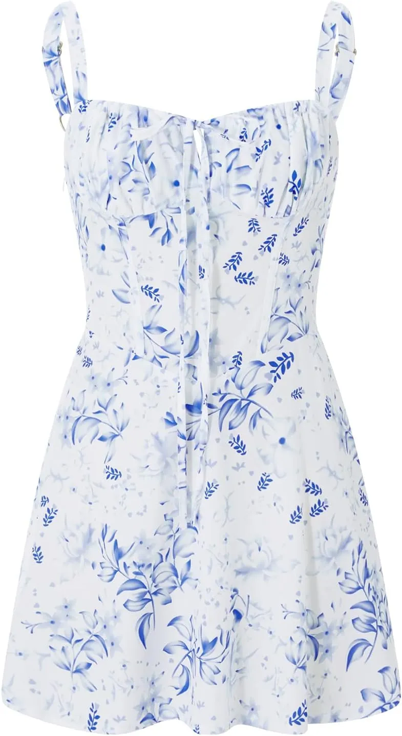 Tempura Women Mini Bodycon Dress Flower Print Low Cut Tie Up Sleeveless Cami Dress Summer Backless Party Dress