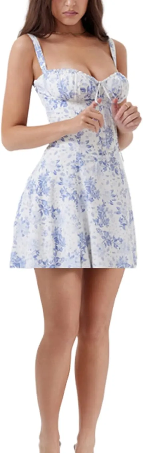 Tempura Women Mini Bodycon Dress Flower Print Low Cut Tie Up Sleeveless Cami Dress Summer Backless Party Dress