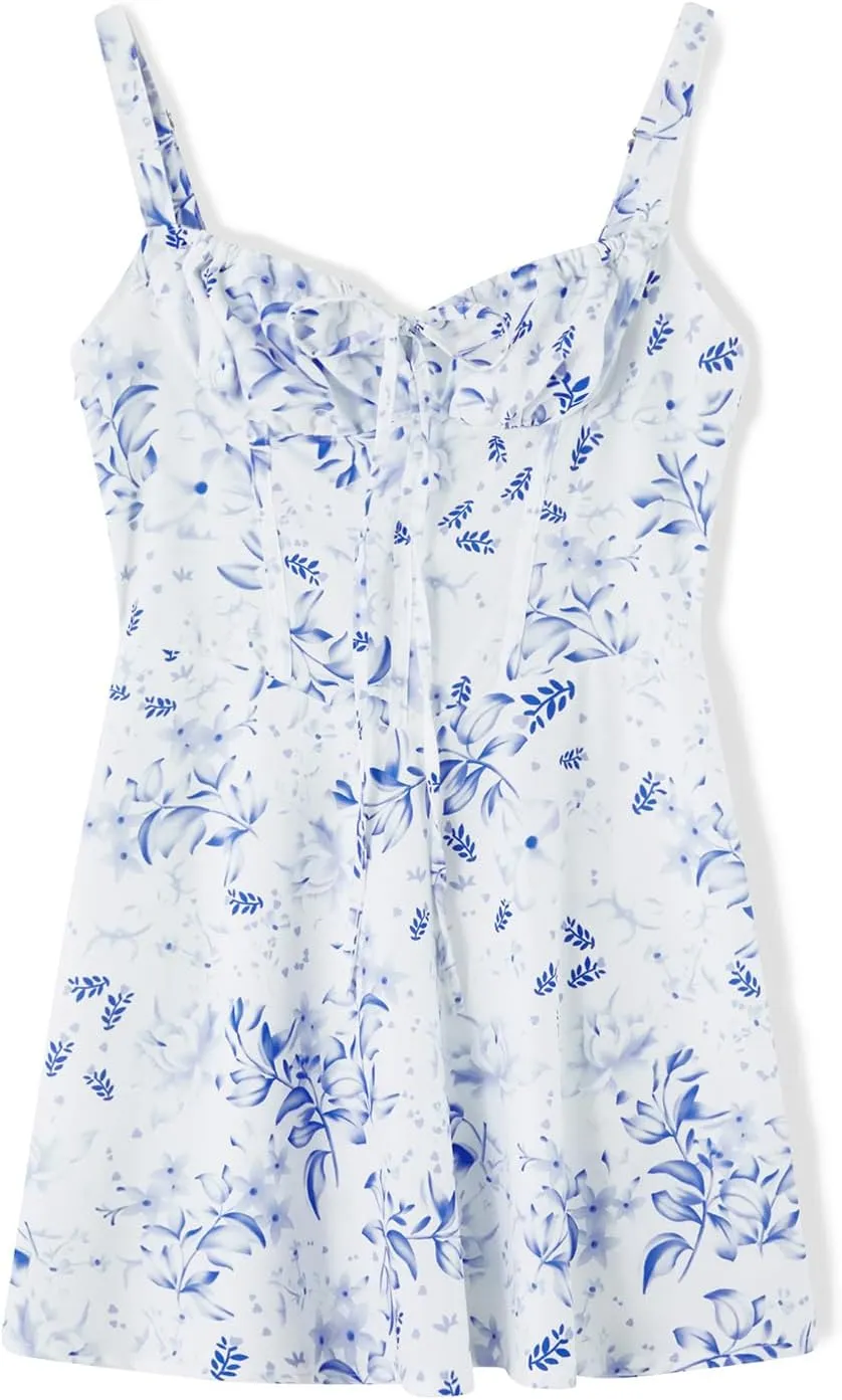 Tempura Women Mini Bodycon Dress Flower Print Low Cut Tie Up Sleeveless Cami Dress Summer Backless Party Dress