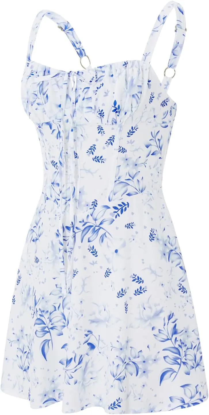 Tempura Women Mini Bodycon Dress Flower Print Low Cut Tie Up Sleeveless Cami Dress Summer Backless Party Dress
