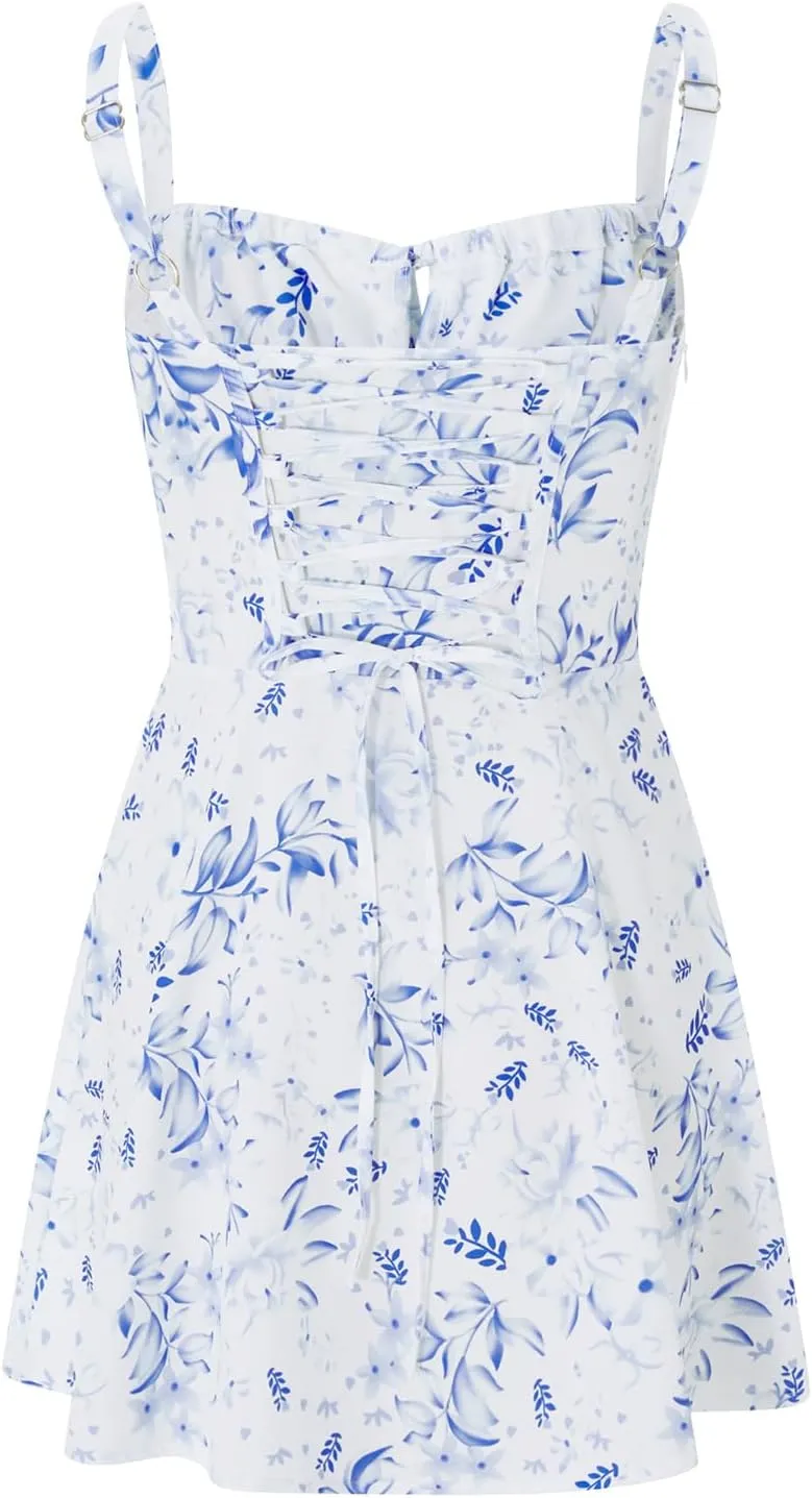 Tempura Women Mini Bodycon Dress Flower Print Low Cut Tie Up Sleeveless Cami Dress Summer Backless Party Dress