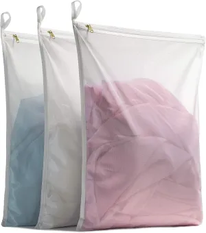 TENRAI Delicates Laundry Bags, Bra Fine Mesh Wash Bag for Underwear, Lingerie, Bra, Pantyhose, Socks, Use YKK Zipper, Have Hanger Loops, (White, 3 Large)