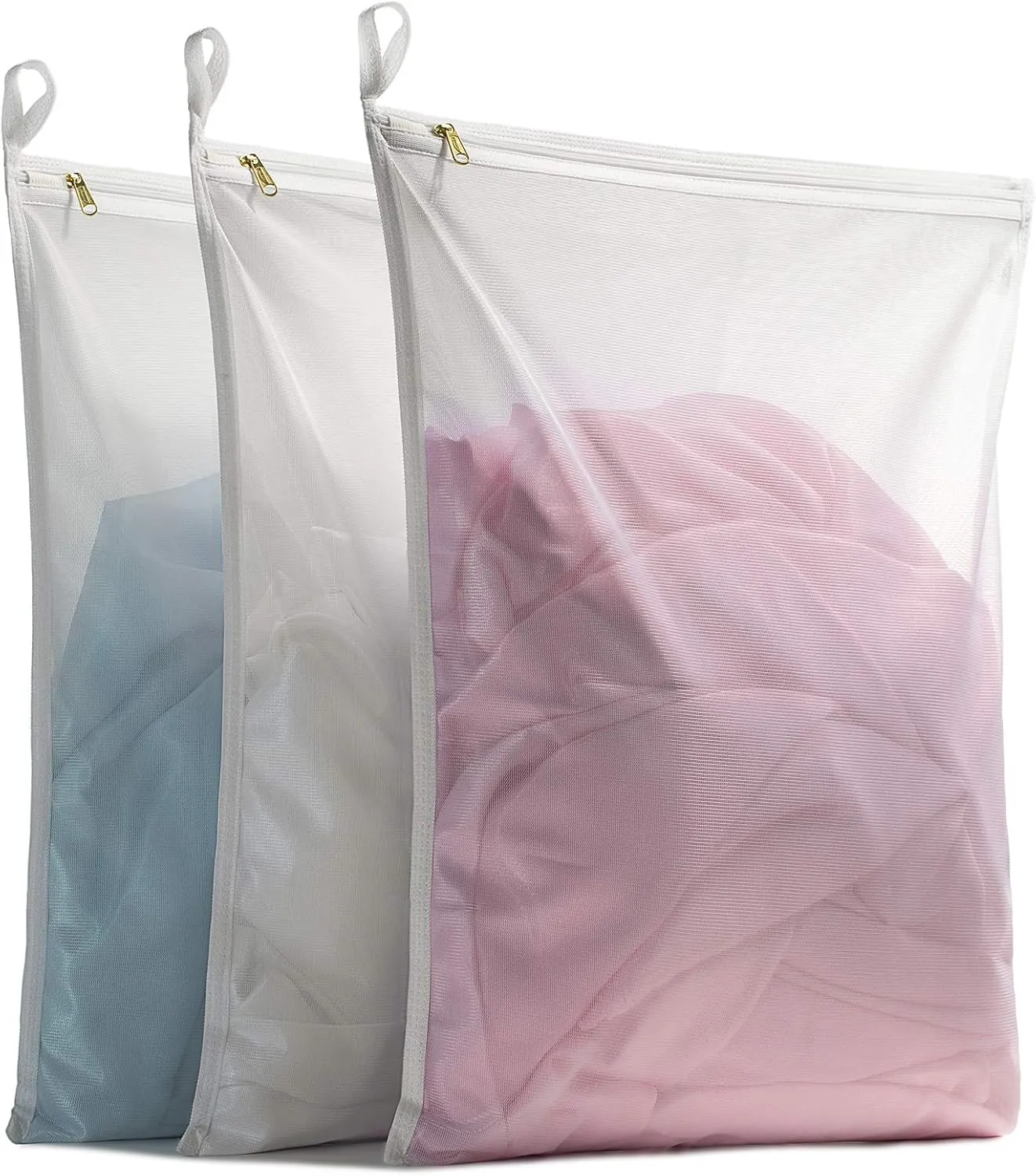 TENRAI Delicates Laundry Bags, Bra Fine Mesh Wash Bag for Underwear, Lingerie, Bra, Pantyhose, Socks, Use YKK Zipper, Have Hanger Loops, (White, 3 Large)