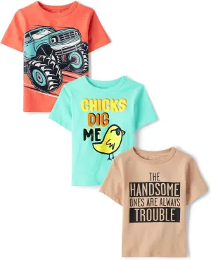 The Children's Place,Baby Boys,and Toddler Vehicle Short Sleeve Graphic T-Shirts,Multipacks,Chick/Handsome/Monster Truck 3-Pack,3 Years