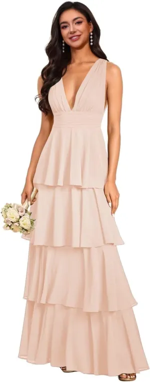 Tiered Chiffon Bridesmaid Dresses 2025 for Women Ruffles Formal Evening Dresses Long with Pleated TN310