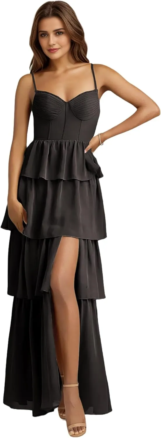 Tiered Chiffon Prom Dress Long for Women Ruffle A Line Bridesmaid Dresses Sweetheart Formal Evening Dresses ZW14