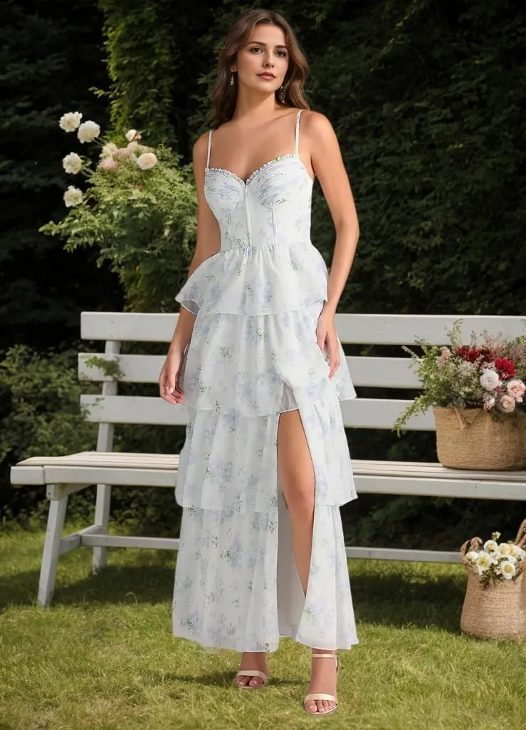 Tiered Chiffon Prom Dress Long for Women Ruffle A Line Bridesmaid Dresses Sweetheart Formal Evening Dresses ZW14