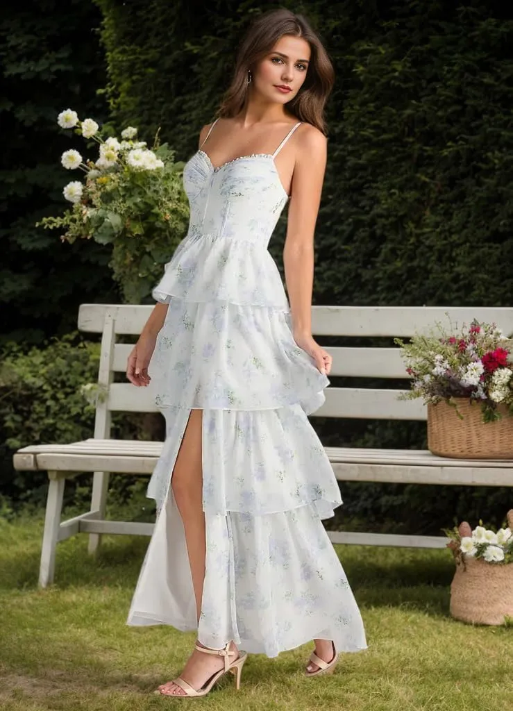 Tiered Chiffon Prom Dress Long for Women Ruffle A Line Bridesmaid Dresses Sweetheart Formal Evening Dresses ZW14
