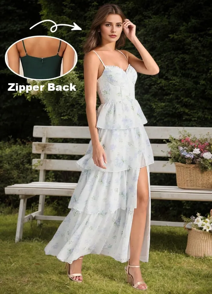 Tiered Chiffon Prom Dress Long for Women Ruffle A Line Bridesmaid Dresses Sweetheart Formal Evening Dresses ZW14